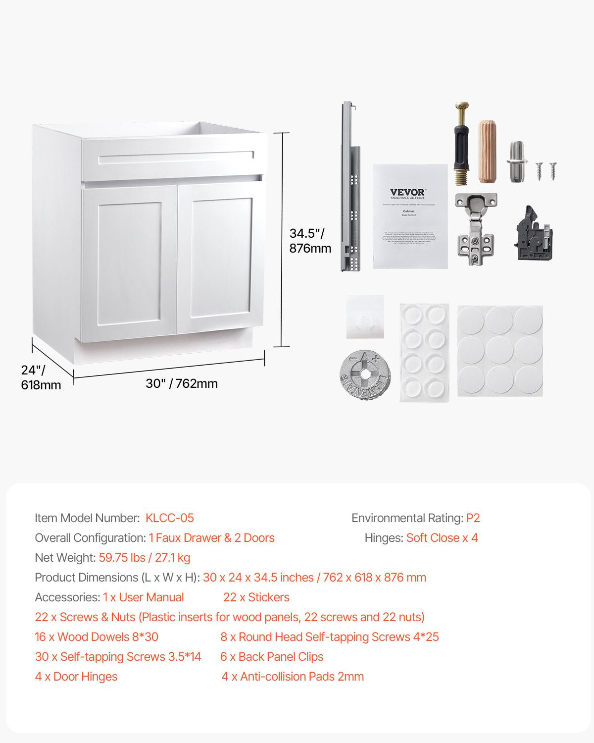 White Shaker Base Cabinet, 30-Inch Unassembled Sink Base Cabinet, 30" W x 24" D x 34.5" H Ready to Assemble Cabinet with Soft-Close Doors and Adjustable Shelf, for Home Office