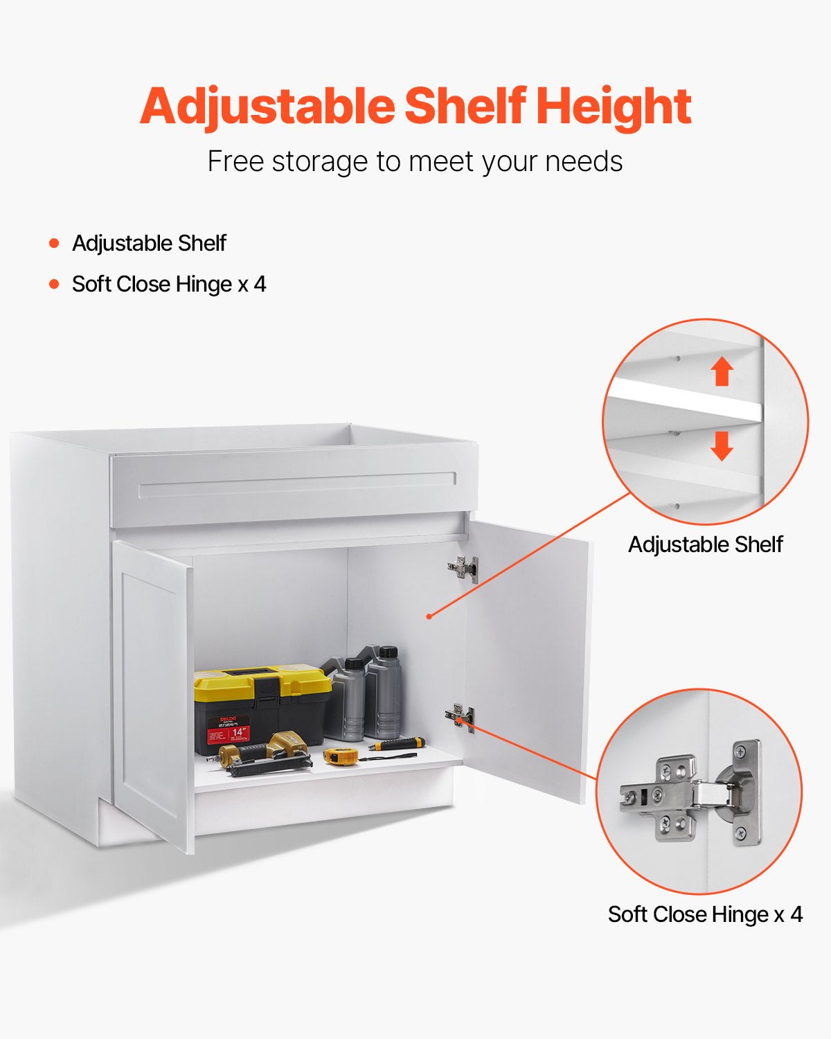 White Shaker Base Cabinet, 36-Inch Unassembled Sink Base Cabinet, 36" W x 24" D x 34.5" H Ready to Assemble Cabinet with Soft-Close Doors and Adjustable Shelf, for Home Office