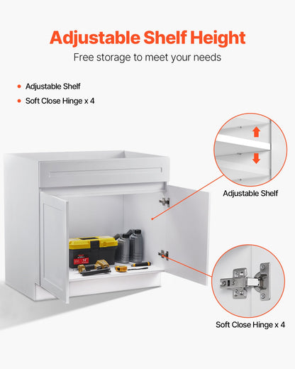 White Shaker Base Cabinet, 36-Inch Unassembled Sink Base Cabinet, 36" W x 24" D x 34.5" H Ready to Assemble Cabinet with Soft-Close Doors and Adjustable Shelf, for Home Office