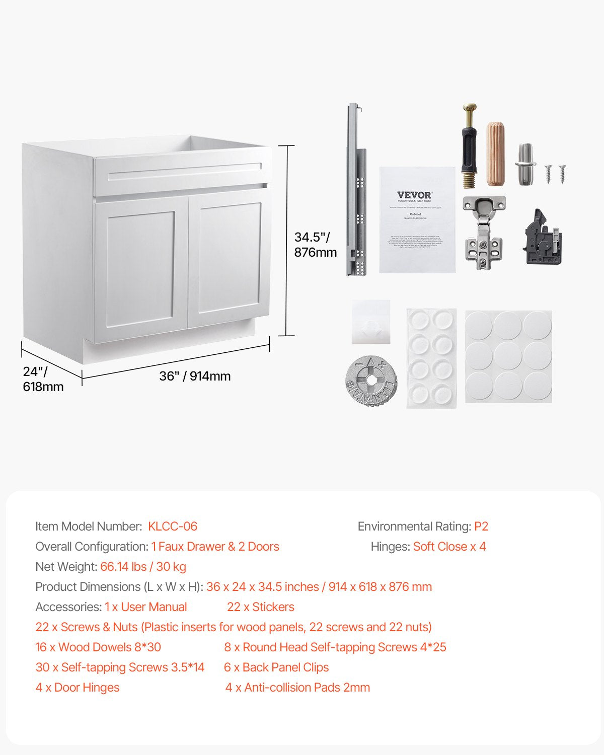 White Shaker Base Cabinet, 36-Inch Unassembled Sink Base Cabinet, 36" W x 24" D x 34.5" H Ready to Assemble Cabinet with Soft-Close Doors and Adjustable Shelf, for Home Office