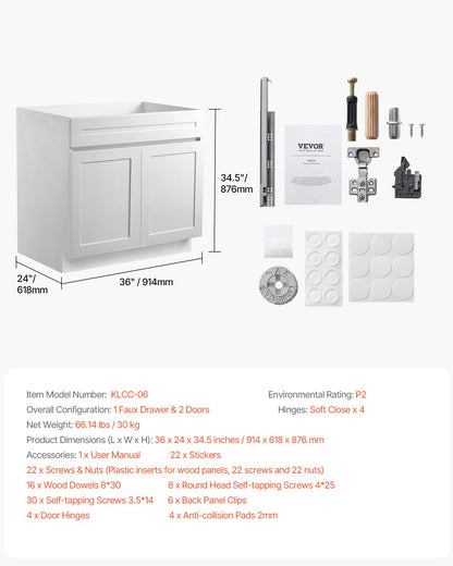 White Shaker Base Cabinet, 36-Inch Unassembled Sink Base Cabinet, 36" W x 24" D x 34.5" H Ready to Assemble Cabinet with Soft-Close Doors and Adjustable Shelf, for Home Office