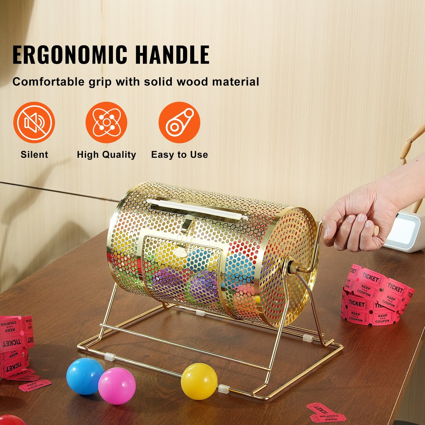 Raffle Drum,Holds 2500 Tickets or 100 Ping Pong Balls, Metal Lottery Spinning Drawing with Wooden Turning Handle,11.6 x Ø7.48 inch Brass Plated Raffle Ticket Spinning Cage, for Bingo Ballot Pa