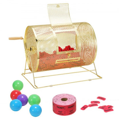 Raffle Drum, Holds 5000 Tickets or 200 Ping Pong Balls, Metal Lottery Spinning Drawing with Wooden Turning Handle,16.1 x Ø12 inch Brass Plated Raffle Ticket Spinning Cage, for Bingo Ballot Part