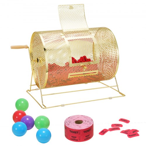 Raffle Drum, Holds 5000 Tickets or 200 Ping Pong Balls, Metal Lottery Spinning Drawing with Wooden Turning Handle,16.1 x Ø12 inch Brass Plated Raffle Ticket Spinning Cage, for Bingo Ballot Part