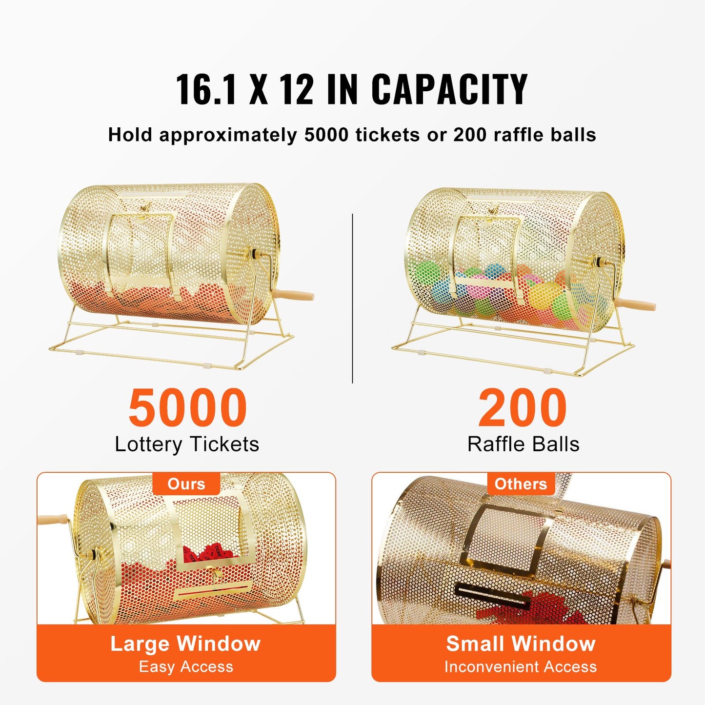 Raffle Drum, Holds 5000 Tickets or 200 Ping Pong Balls, Metal Lottery Spinning Drawing with Wooden Turning Handle,16.1 x Ø12 inch Brass Plated Raffle Ticket Spinning Cage, for Bingo Ballot Part
