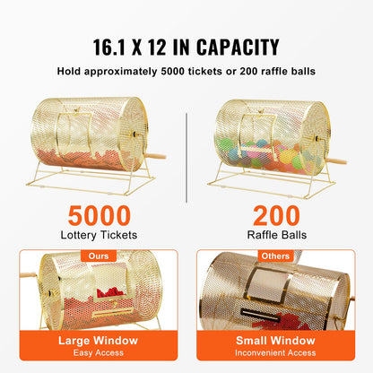 Raffle Drum, Holds 5000 Tickets or 200 Ping Pong Balls, Metal Lottery Spinning Drawing with Wooden Turning Handle,16.1 x Ø12 inch Brass Plated Raffle Ticket Spinning Cage, for Bingo Ballot Part