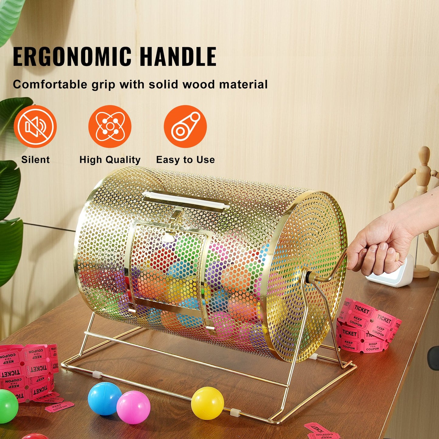 Raffle Drum, Holds 5000 Tickets or 200 Ping Pong Balls, Metal Lottery Spinning Drawing with Wooden Turning Handle,16.1 x Ø12 inch Brass Plated Raffle Ticket Spinning Cage, for Bingo Ballot Part