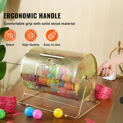 Raffle Drum, Holds 5000 Tickets or 200 Ping Pong Balls, Metal Lottery Spinning Drawing with Wooden Turning Handle,16.1 x Ø12 inch Brass Plated Raffle Ticket Spinning Cage, for Bingo Ballot Part