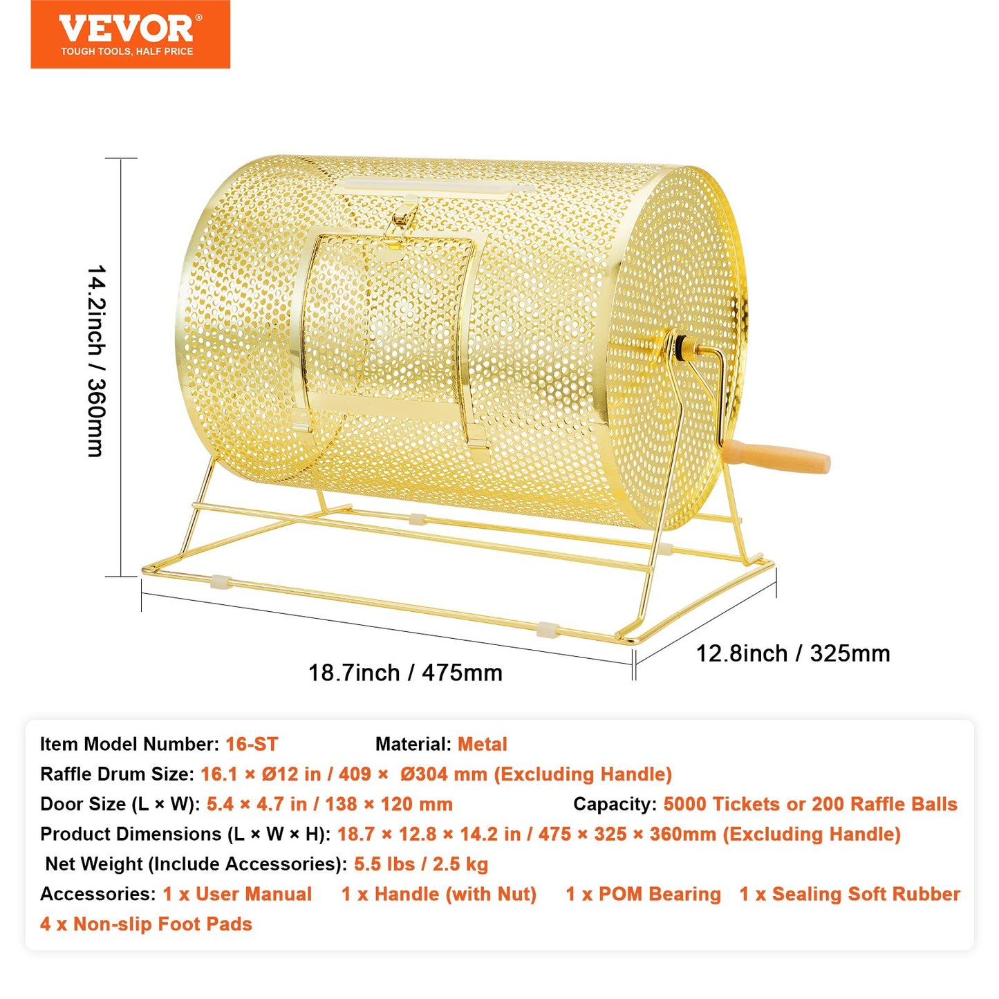 Raffle Drum, Holds 5000 Tickets or 200 Ping Pong Balls, Metal Lottery Spinning Drawing with Wooden Turning Handle,16.1 x Ø12 inch Brass Plated Raffle Ticket Spinning Cage, for Bingo Ballot Part