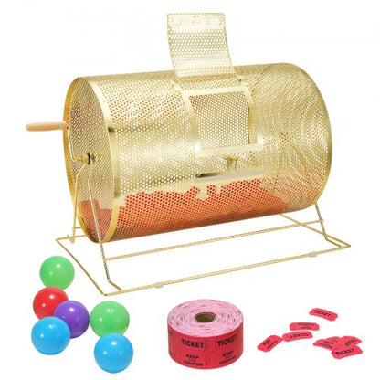 Raffle Drum,Holds 10000 Tickets or 300 Ping Pong Balls, Metal Lottery Spinning Drawing with Wooden Turning Handle, 14.8 x Ø21.26 inch Brass Plated Raffle Ticket Spinning Cage, for Bingo Ballot