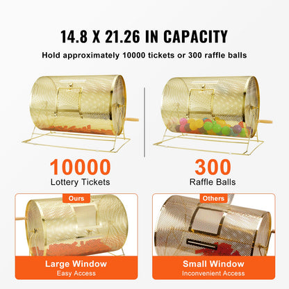 Raffle Drum,Holds 10000 Tickets or 300 Ping Pong Balls, Metal Lottery Spinning Drawing with Wooden Turning Handle, 14.8 x Ø21.26 inch Brass Plated Raffle Ticket Spinning Cage, for Bingo Ballot