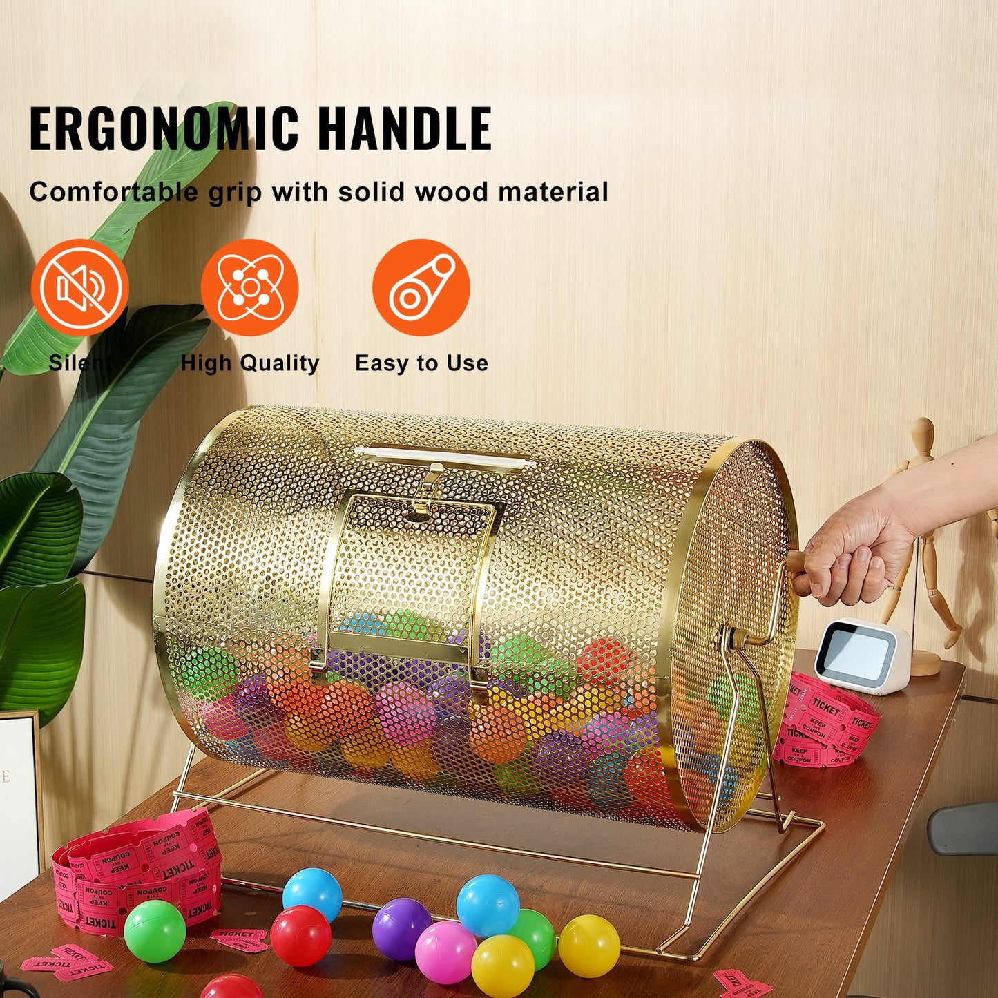 Raffle Drum,Holds 10000 Tickets or 300 Ping Pong Balls, Metal Lottery Spinning Drawing with Wooden Turning Handle, 14.8 x Ø21.26 inch Brass Plated Raffle Ticket Spinning Cage, for Bingo Ballot