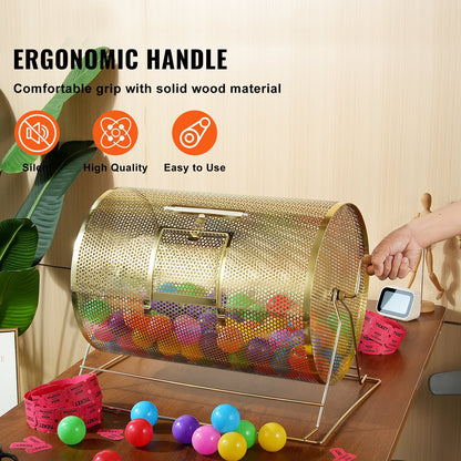 Raffle Drum,Holds 10000 Tickets or 300 Ping Pong Balls, Metal Lottery Spinning Drawing with Wooden Turning Handle, 14.8 x Ø21.26 inch Brass Plated Raffle Ticket Spinning Cage, for Bingo Ballot