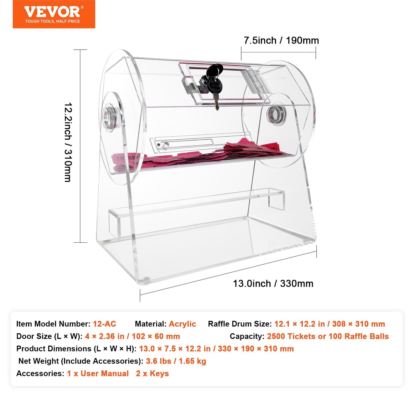 Acrylic Raffle Drum, Professional Raffle Ticket Spinning Cage with 2 Keys, Transparent Lottery Spinning Drawing, Holds 2500 Tickets or 100 Raffle Balls,Raffle Ticket Box for Lottery Games Bingo