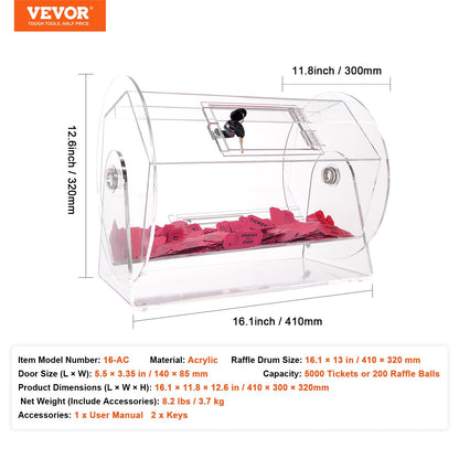 Acrylic Raffle Drum,Professional Raffle Ticket Spinning Cage with 2 Keys, Transparent Lottery Spinning Drawing, Holds 5000 Tickets or 200 Raffle Balls, Raffle Ticket Box for Lottery Games Bingo