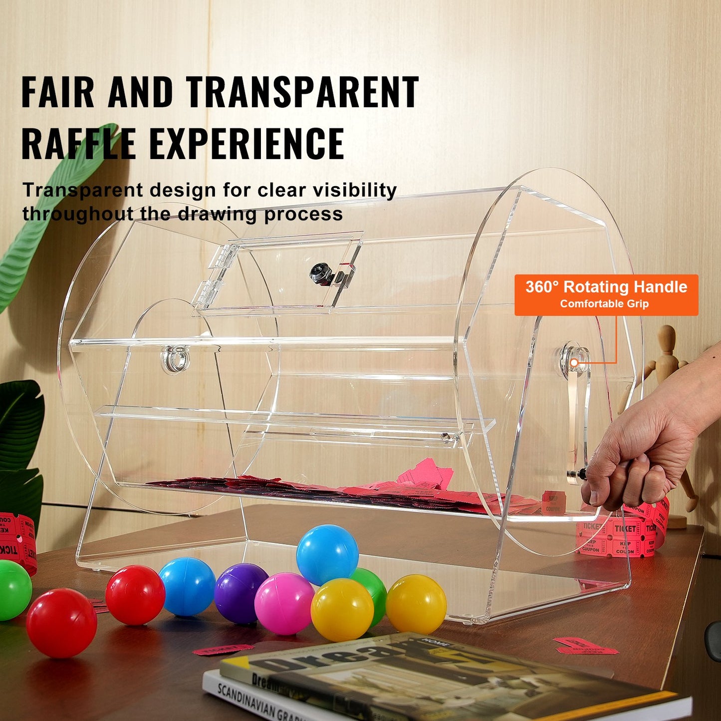 Akryl lotteritrumma, rymmer 10 000 lotter eller 300 lotteribollar, professionell lotterilottsnurrbur med 2 nycklar, transparent lotteridragning, lotteribiljettlåda för lotterispel Bing