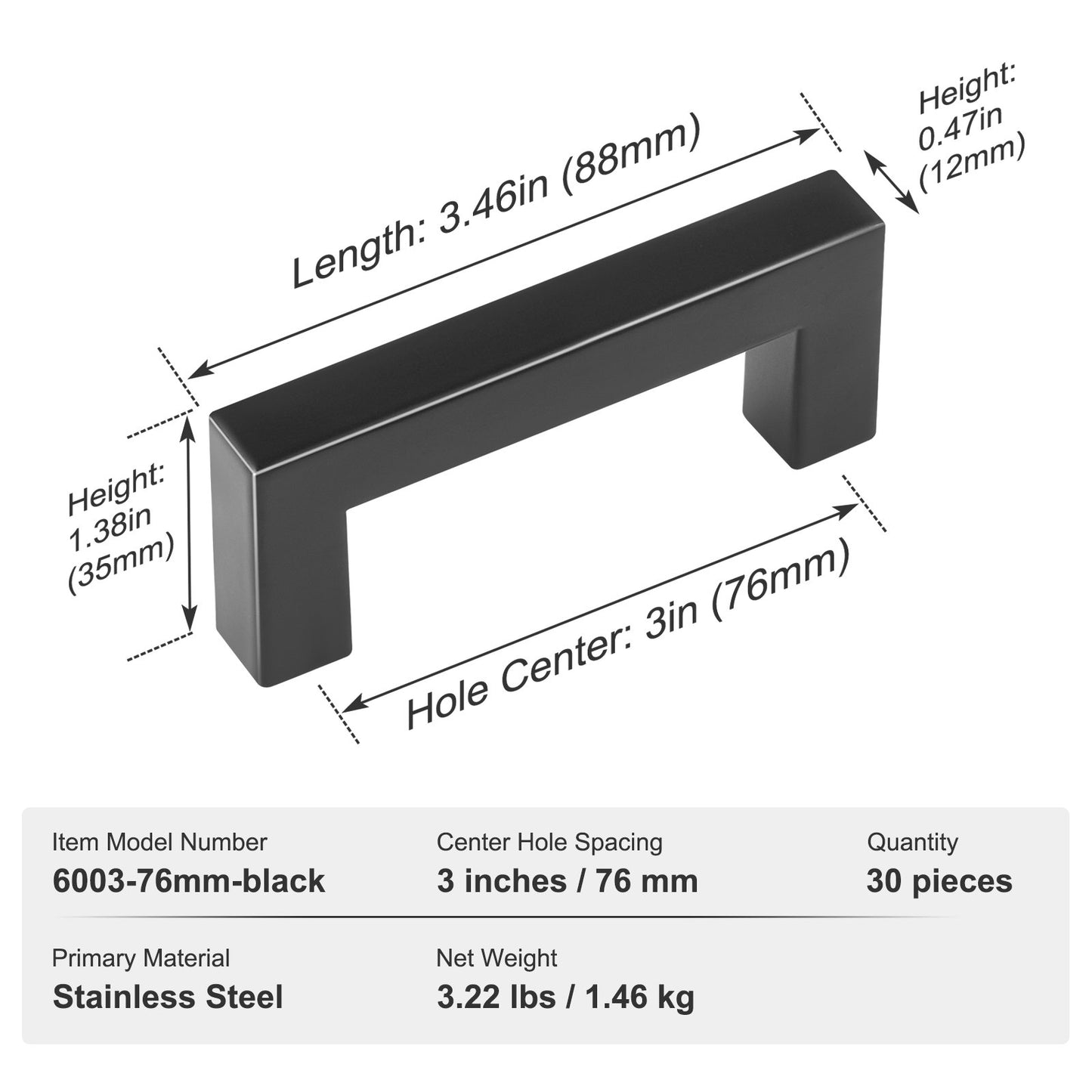 30er-Pack Schrankgriffe, 76 mm Mittenabstand, schmaler quadratischer Schubladengriff für Küchenschränke, Edelstahl, moderne Türgriffe für Küchenschränke, Badezimmer, Bar, Hardware, Mattschwarz