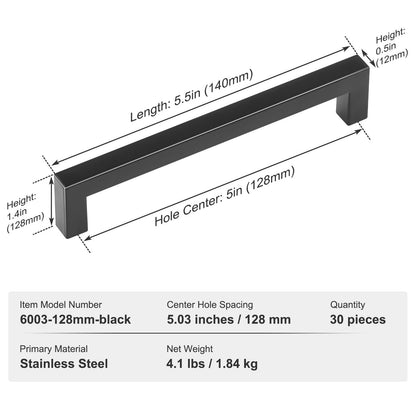 30er-Pack Schrankgriffe, 128 mm Mittenabstand, schmale quadratische Schubladengriffe für Küchenschränke, moderne Türgriffe für Küchenschränke aus Edelstahl für Küchen, Badezimmer, Bar, Hardware, Mattschwarz