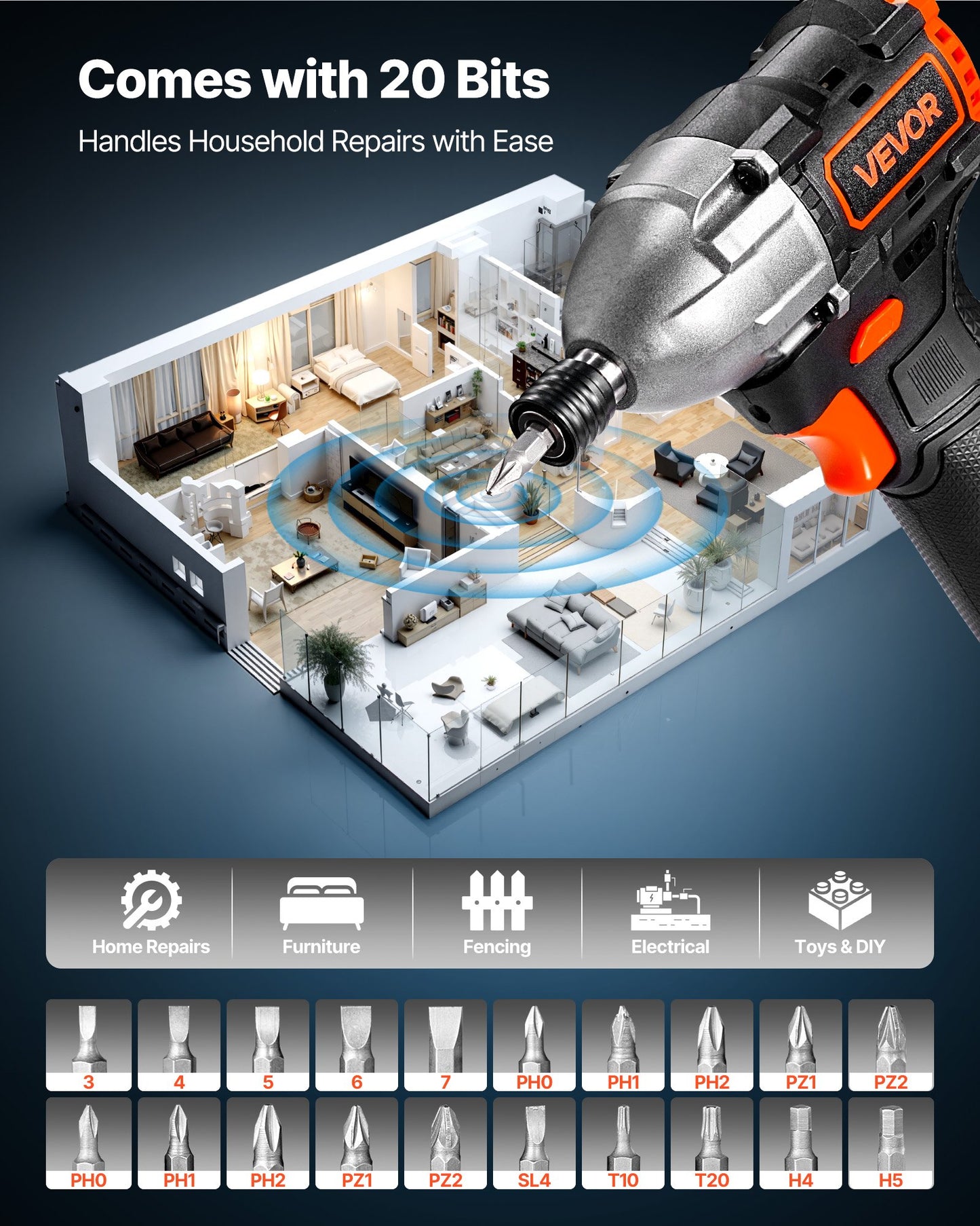 Impact Driver, 1/4 Inch, 3000 RPM Max Speed, 12 V Brushless Motor, Electric Cordless Impact Driver Kit with Battery and Charger, 20 Bits, LED Work Light, for Furniture, Electrical, Home Repairs