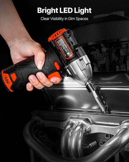 Impact Driver, 1/4 Inch, 3000 RPM Max Speed, 12 V Brushless Motor, Electric Cordless Impact Driver Kit with Battery and Charger, 20 Bits, LED Work Light, for Furniture, Electrical, Home Repairs