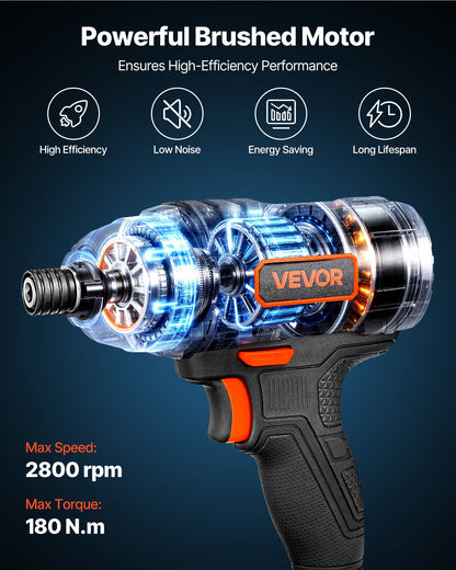 Impact Driver, 1/4 Inch, 2800 RPM Max Speed, 20 V Powerful Motor, Electric Cordless Impact Driver Kit with Battery and Charger, 10 Bits, LED Work Light, for Furniture, Electrical, Home Repairs