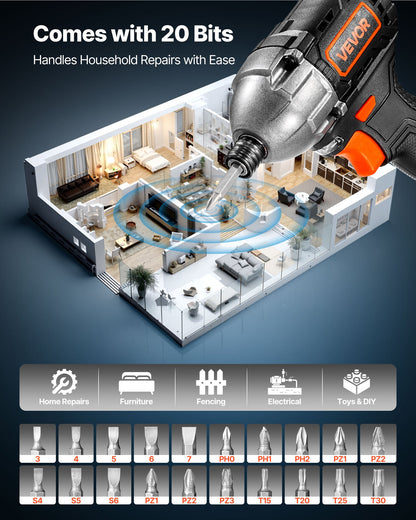 Impact Driver, 1/4 Inch, 2800 RPM Max Speed, 20 V Brushless Motor, Electric Cordless Impact Driver Kit with Battery and Charger, 20 Bits, LED Work Light, for Furniture, Electrical, Home Repairs