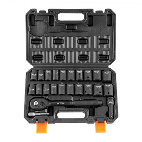 KFFKFF Impact Socket Set with 1/2" Drive, Comprising 23 Pieces in SAE (7/16" -1") & Metric Measurements, 6 Point Cr-V Alloy Steel, Ideal for Car Maintenance, Includes Ratchet Handle and Durable Storage Case
