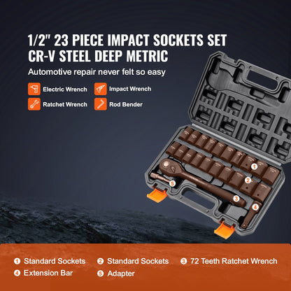 KFFKFF Impact Socket Set with 1/2" Drive, Comprising 23 Pieces in SAE (7/16" -1") & Metric Measurements, 6 Point Cr-V Alloy Steel, Ideal for Car Maintenance, Includes Ratchet Handle and Durable Storage Case