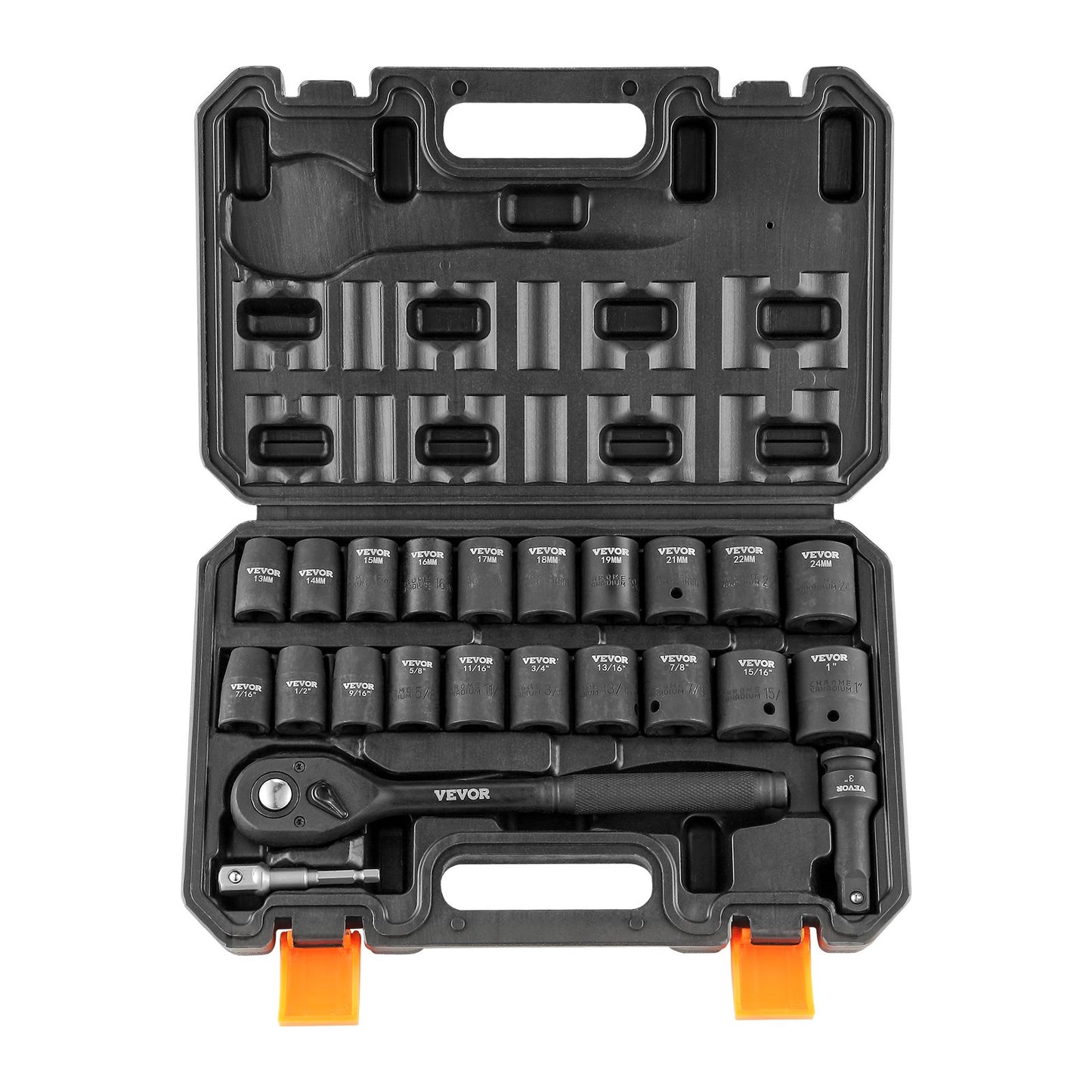KFFKFF Impact Socket Set with 1/2" Drive, Comprising 23 Pieces in SAE (7/16" -1") & Metric Measurements, 6 Point Cr-V Alloy Steel, Ideal for Car Maintenance, Includes Ratchet Handle and Durable Storage Case