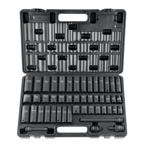 3/8" Drive Impact Socket Set, 48 Piece Socket Set SAE （5/16" -3/4"） & Metric （8-22mm）6 Point Cr-V Drive Extension Bar Universal Joint & Power Drill Adapter Includes Storage Case