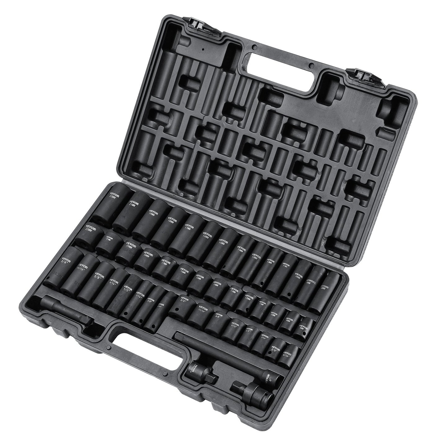 3/8" Drive Impact Socket Set, 48 Piece Socket Set SAE （5/16" -3/4"） & Metric （8-22mm）6 Point Cr-V Drive Extension Bar Universal Joint & Power Drill Adapter Includes Storage Case