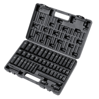 3/8" Drive Impact Socket Set, 48 Piece Socket Set SAE （5/16" -3/4"） & Metric （8-22mm）6 Point Cr-V Drive Extension Bar Universal Joint & Power Drill Adapter Includes Storage Case