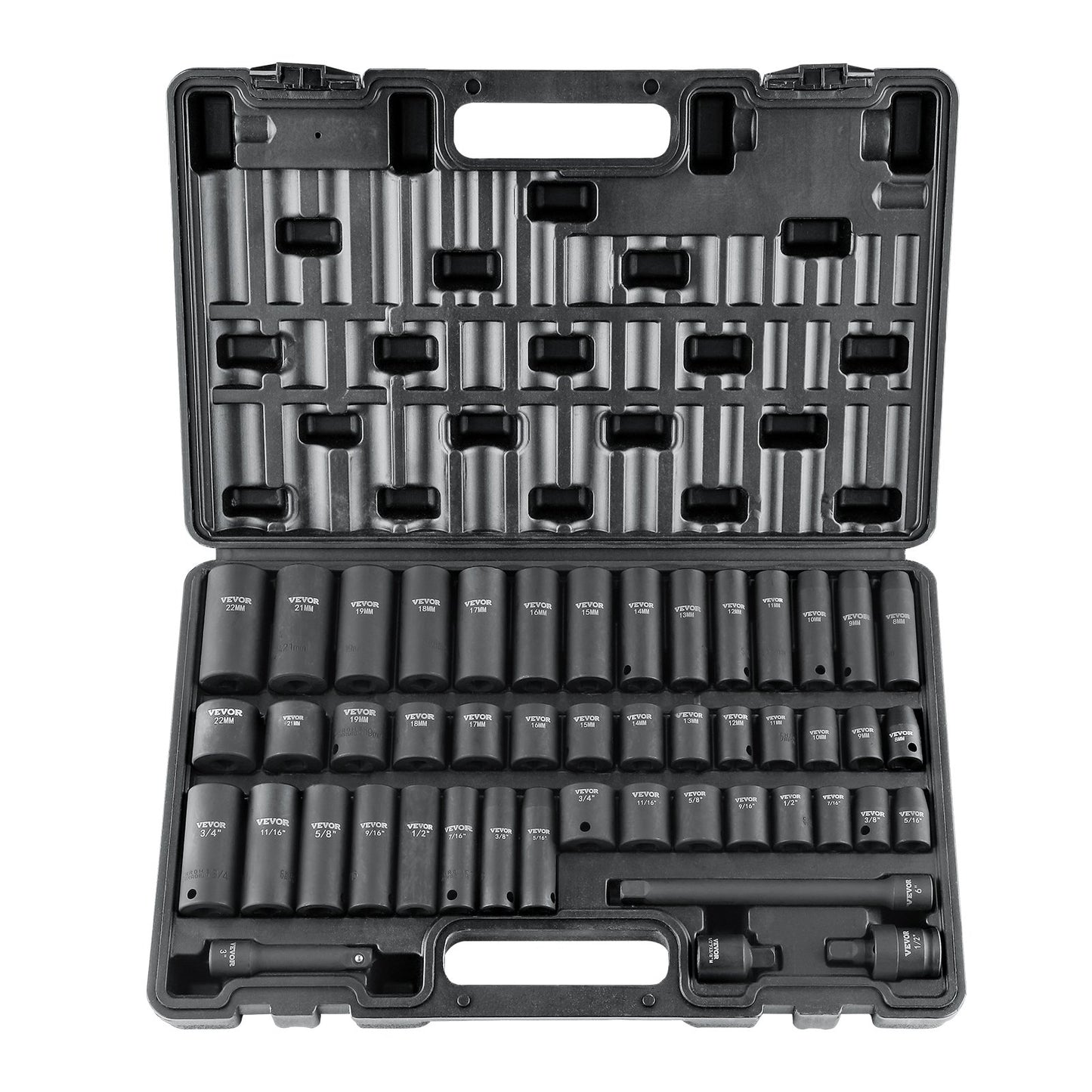 3/8" Drive Impact Socket Set, 48 Piece Socket Set SAE （5/16" -3/4"） & Metric （8-22mm）6 Point Cr-V Drive Extension Bar Universal Joint & Power Drill Adapter Includes Storage Case