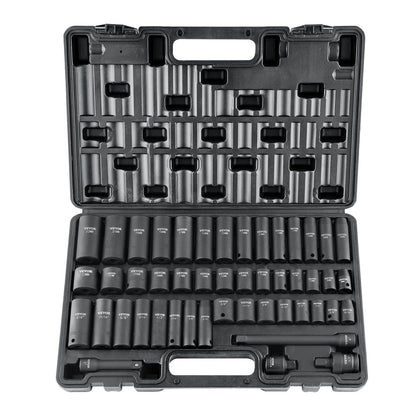 3/8" Drive Impact Socket Set, 48 Piece Socket Set SAE （5/16" -3/4"） & Metric （8-22mm）6 Point Cr-V Drive Extension Bar Universal Joint & Power Drill Adapter Includes Storage Case
