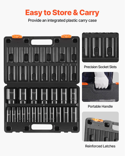 Impact Socket Set, 1/2" 19 Piece Impact Sockets, Deep Socket, 6-Point Sockets, 1/2 Inches Drive Socket Set Impact 3/8 inch - 1-1/2 inch, Cr-V Rugged Construction, with a Storage Cage