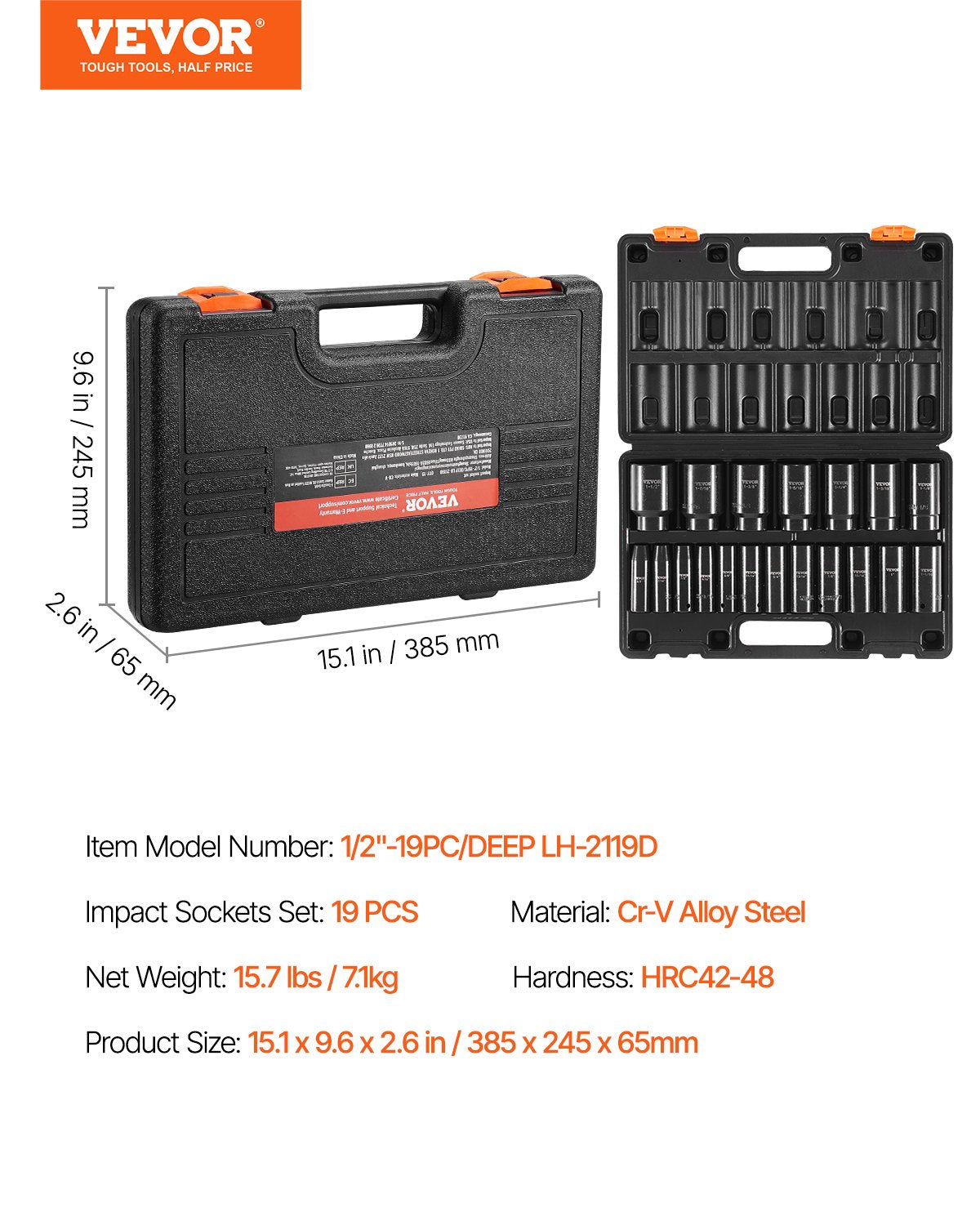 Impact Socket Set, 1/2" 19 Piece Impact Sockets, Deep Socket, 6-Point Sockets, 1/2 Inches Drive Socket Set Impact 3/8 inch - 1-1/2 inch, Cr-V Rugged Construction, with a Storage Cage