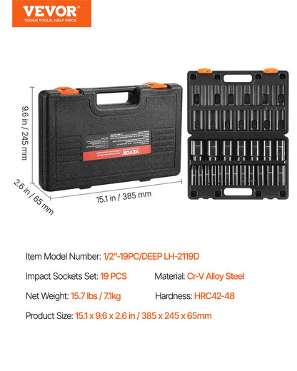 Impact Socket Set, 1/2" 19 Piece Impact Sockets, Deep Socket, 6-Point Sockets, 1/2 Inches Drive Socket Set Impact 3/8 inch - 1-1/2 inch, Cr-V Rugged Construction, with a Storage Cage