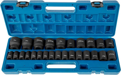 Impact Sockets Set 1/2 tum 26-delade Sockets Sockets, Grunda Sockets, 6-punkts Sockets, Robust konstruktion, CR-V, 1/2 Inches Drive Sockets Set Impact Metrisk 10 mm - 36 mm, med en förvaringsbur