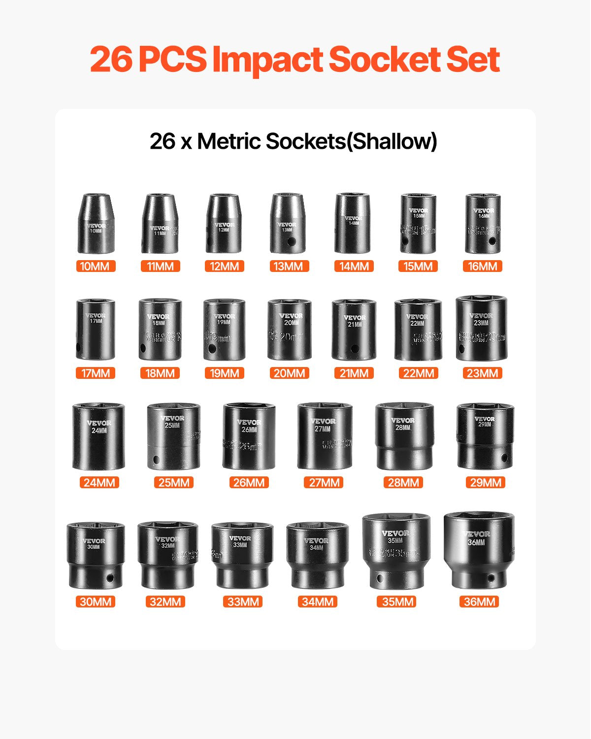 Impact Socket Set 1/2 Inches 26 Piece Impact Sockets, Shallow Socket, 6-Point Sockets, Rugged Construction, CR-V, 1/2 Inches Drive Socket Set Impact Metric 10mm - 36mm, with a Storage Cage