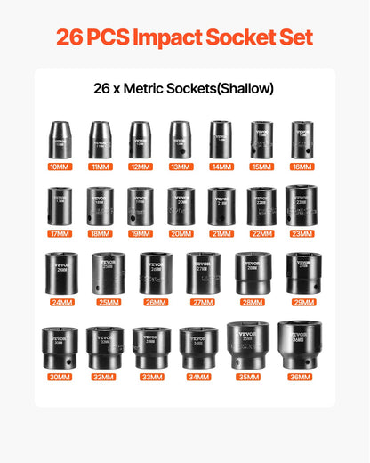 Impact Socket Set 1/2 Inches 26 Piece Impact Sockets, Shallow Socket, 6-Point Sockets, Rugged Construction, CR-V, 1/2 Inches Drive Socket Set Impact Metric 10mm - 36mm, with a Storage Cage