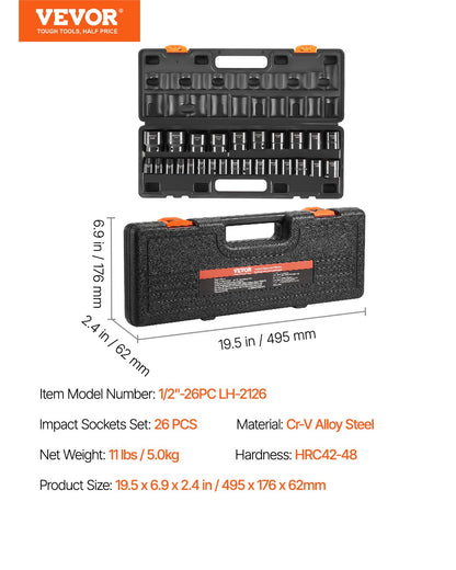 Impact Socket Set 1/2 Inches 26 Piece Impact Sockets, Shallow Socket, 6-Point Sockets, Rugged Construction, CR-V, 1/2 Inches Drive Socket Set Impact Metric 10mm - 36mm, with a Storage Cage