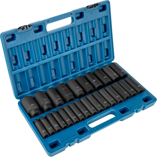 Impact Socket Set, 1/2" 26-delads Impact Sockets, Deep Socket, 6-Points Sockets, 1/2 Inches Drive Sockets Set Impact Metrisk 10 mm - 36 mm, Cr-V robust konstruktion, med en förvaringsbur