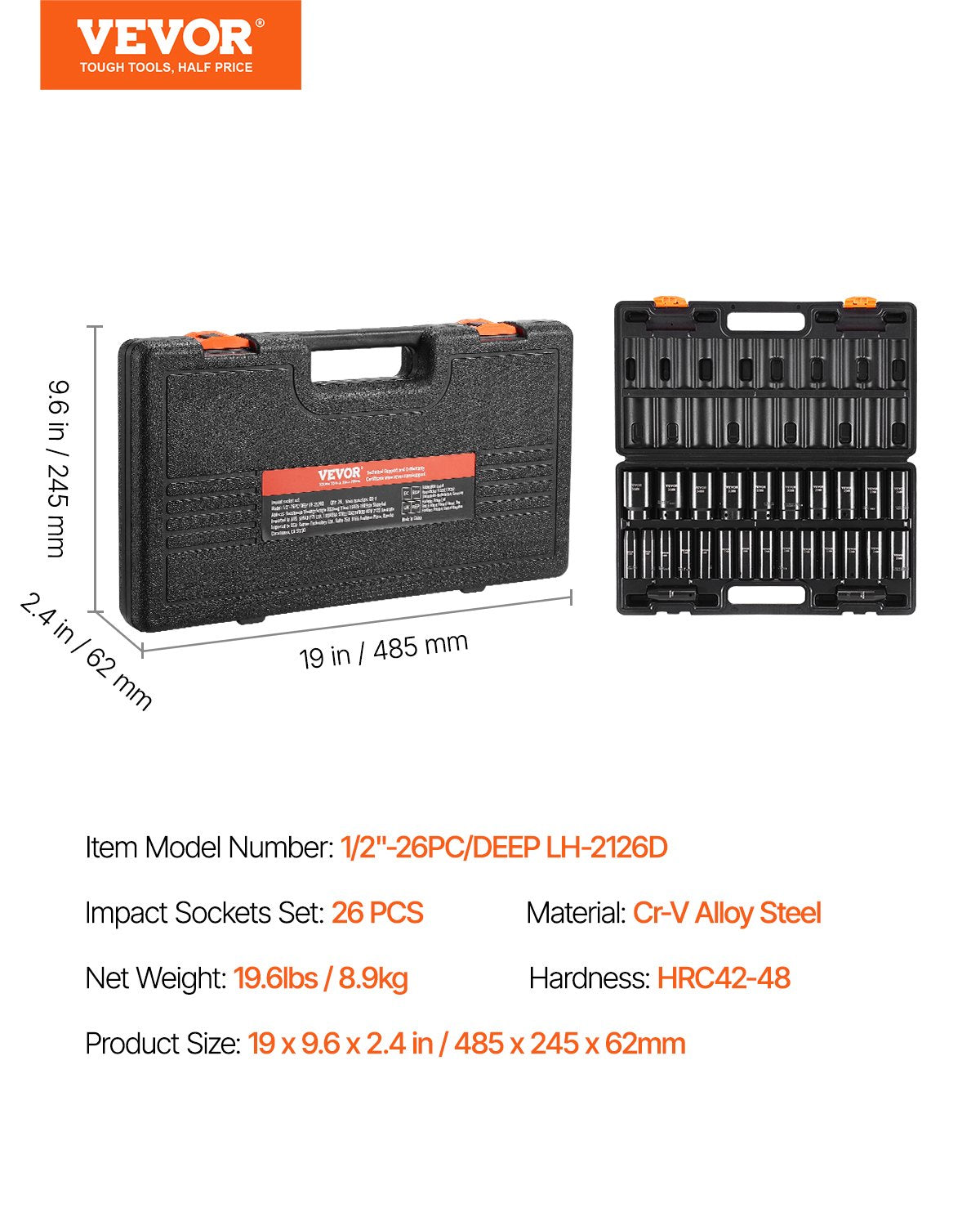 Impact Socket Set, 1/2" 26 Piece Impact Sockets, Deep Socket, 6-Point Sockets, 1/2 Inches Drive Socket Set Impact Metric 10mm - 36mm, Cr-V Rugged Construction, with a Storage Cage