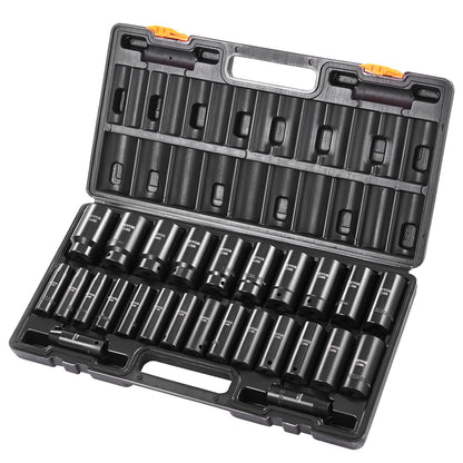 Impact Socket Set, 1/2" 26 Piece Impact Sockets, Deep Socket, 6-Point Sockets, 1/2 Inches Drive Socket Set Impact Metric 10mm - 36mm, Cr-V Rugged Construction, with a Storage Cage