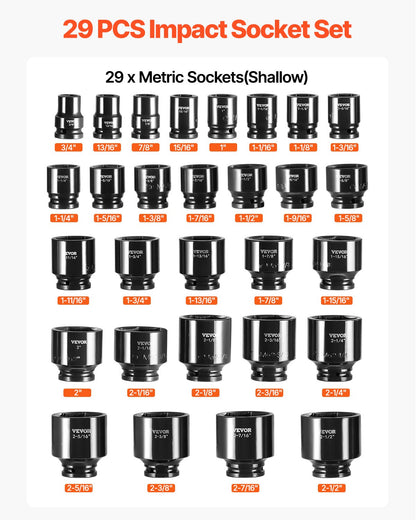 Impact Socket Set 3/4 Inches 29 Piece Impact Sockets, 6-Point Sockets, Rugged Construction, CR-M0, 3/4 Inches Drive Socket Set Impact SAE 3/4 inch - 2-1/2 inch, with a Storage Cage