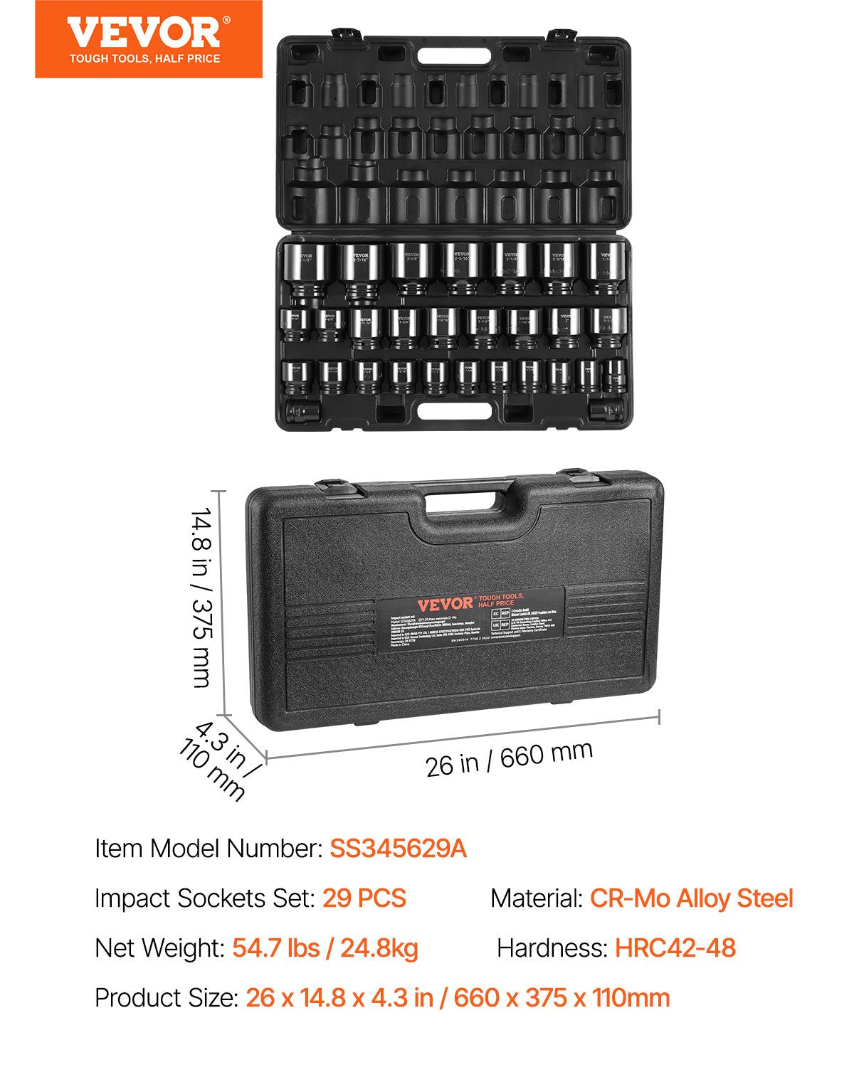 Impact Socket Set 3/4 Inches 29 Piece Impact Sockets, 6-Point Sockets, Rugged Construction, CR-M0, 3/4 Inches Drive Socket Set Impact SAE 3/4 inch - 2-1/2 inch, with a Storage Cage