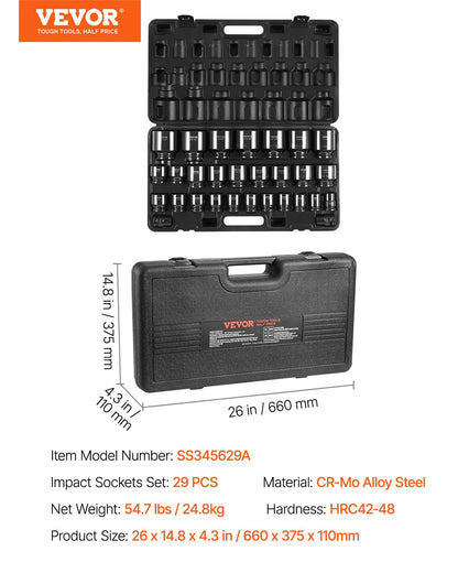 Impact Socket Set 3/4 Inches 29 Piece Impact Sockets, 6-Point Sockets, Rugged Construction, CR-M0, 3/4 Inches Drive Socket Set Impact SAE 3/4 inch - 2-1/2 inch, with a Storage Cage