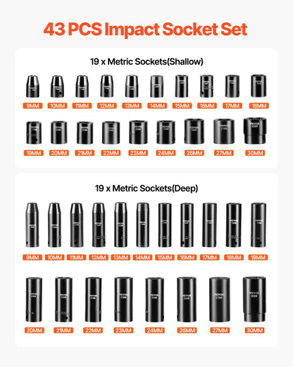 Impact Socket Set 1/2 Inches 43 Piece Impact Sockets, Standard Socket Assortment, 1/2 Inches Drive Socket Set 6-Point Sockets Metric 9-30mm (Standard/Deep)