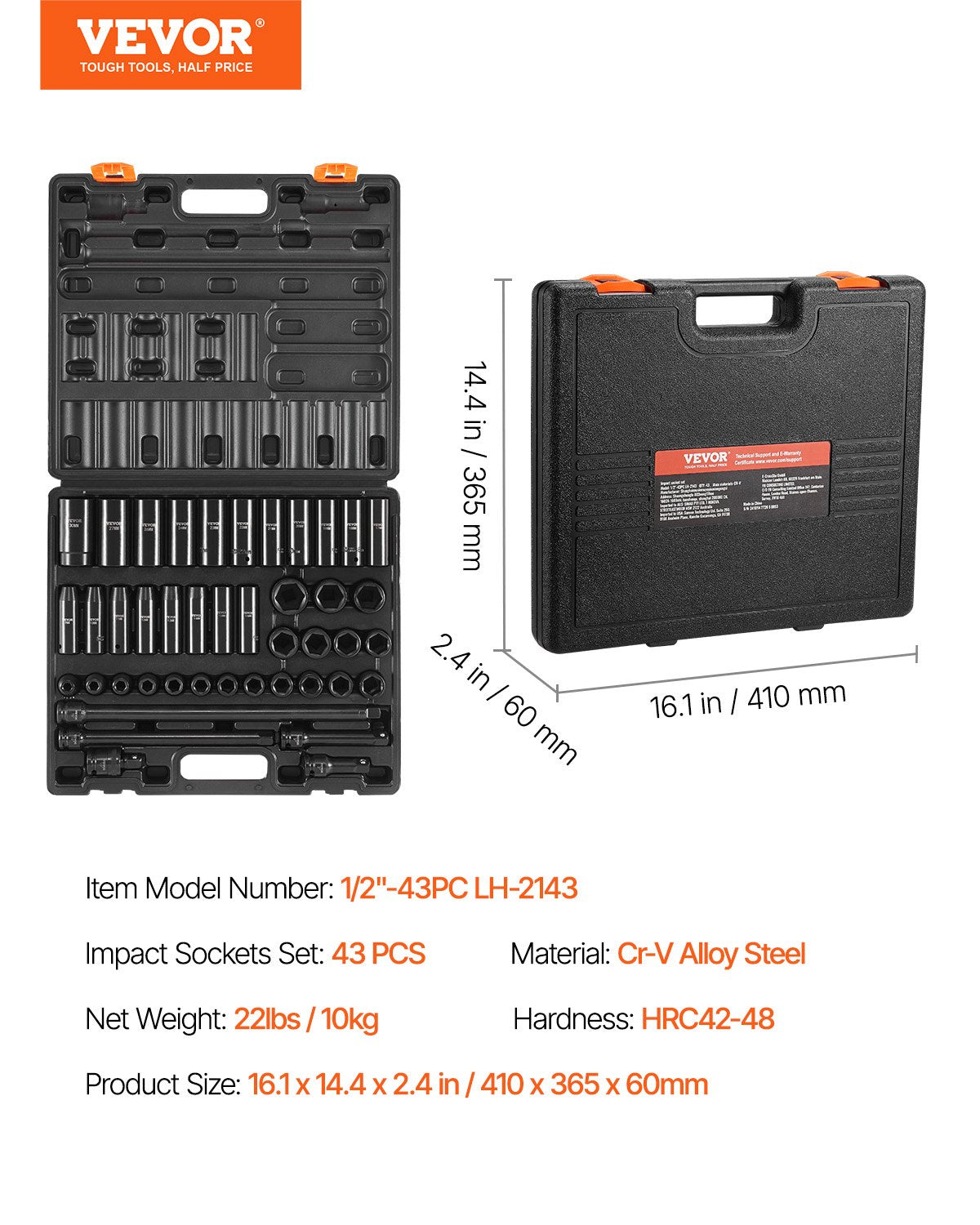 Impact Socket Set 1/2 Inches 43 Piece Impact Sockets, Standard Socket Assortment, 1/2 Inches Drive Socket Set 6-Point Sockets Metric 9-30mm (Standard/Deep)