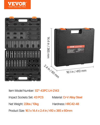 Impact Socket Set 1/2 Inches 43 Piece Impact Sockets, Standard Socket Assortment, 1/2 Inches Drive Socket Set 6-Point Sockets Metric 9-30mm (Standard/Deep)